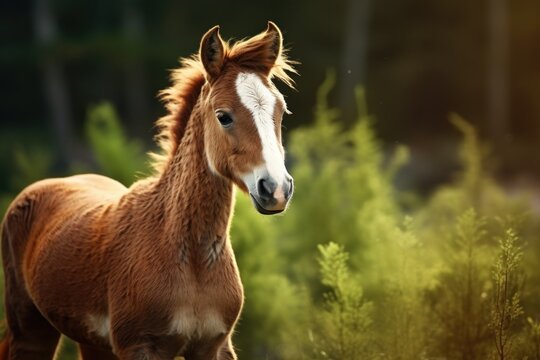 A beautiful brown and white horse standing in a field. This image can be used to depict the beauty and tranquility of nature.