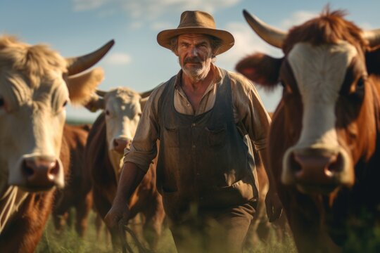 A man standing in a field surrounded by a herd of cows. This image can be used to depict a farmer or agricultural scene.