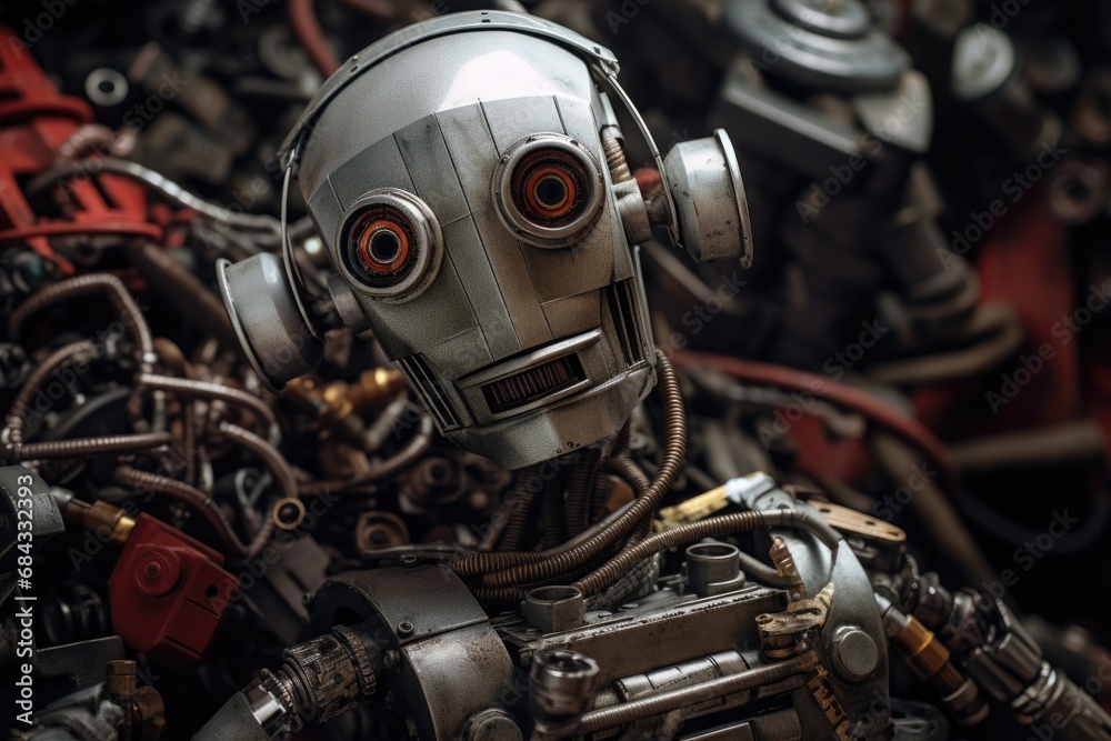 Poster a detailed view of a robot with numerous wires. this image can be used to depict advanced technology