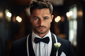 A sophisticated man wearing a tuxedo with a flower in his lapel. Perfect for formal occasions and special events. - obrazy, fototapety, plakaty