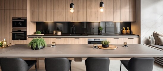 A stylish, modern kitchen with a cooking island in a luxurious apartment with light-colored,...