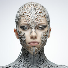 White futuristic robot-like beautiful female face on isolated background. AI Generative