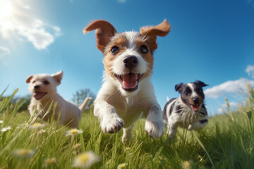 Cute pet dogs run around happily on the green grass on a sunny afternoon. A healthy, happy and lively dog. - obrazy, fototapety, plakaty