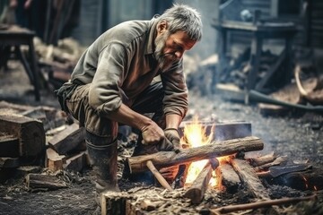 A man is seen diligently working on a fire in the woods. This image can be used to depict camping, survival skills, or outdoor activities.