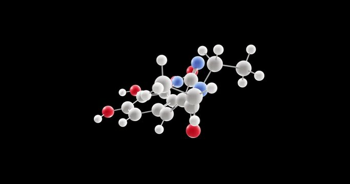 Entacapone molecule, rotating 3D model of antiparkinsonian agents, looped video on a black background