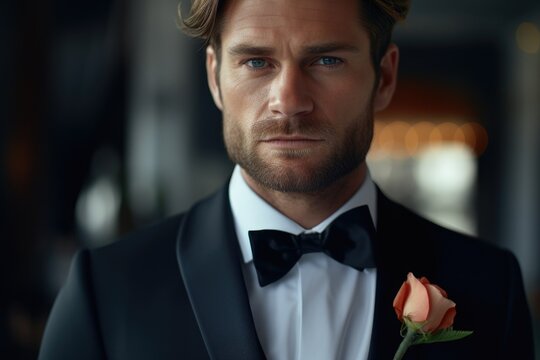A stylish man wearing a tuxedo with a rose in his lapel. This image can be used for formal events, weddings, or romantic occasions.