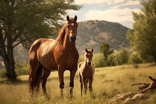A brown horse stands next to a baby horse in a field. This image captures the bond between a mother horse and her foal. Suitable for various uses including nature, animals, and family themes.
