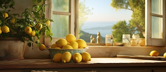 A kitchen with a window, lemon grove in the background, and a basket of lemons in front.