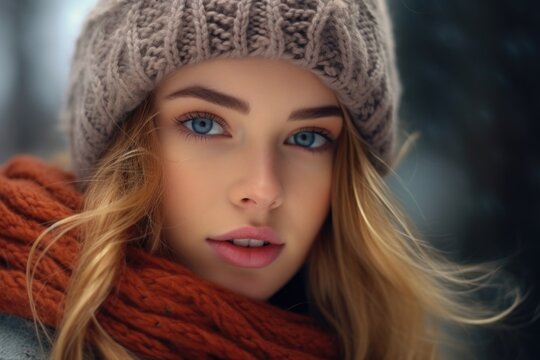 A beautiful young woman wearing a knitted hat and scarf. This image can be used to depict winter fashion or as a cozy winter portrait.