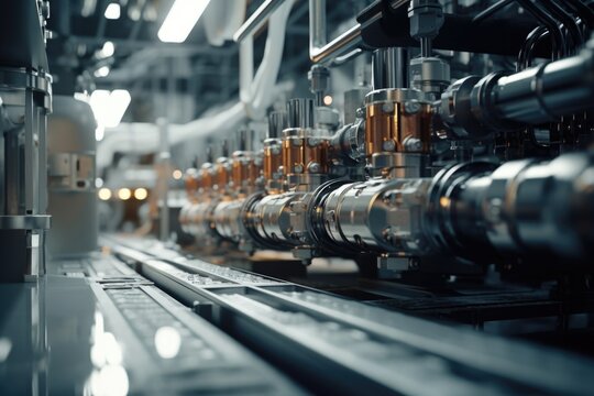 A line of pipes and valves in a factory. This image can be used to represent industrial processes and infrastructure.