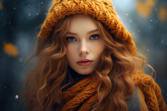 A woman with long red hair is wearing a hat and scarf. This image can be used to depict winter fashion or outdoor activities in cold weather.