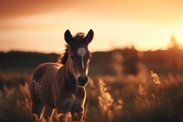 A beautiful horse standing gracefully in a field, bathed in the warm glow of a sunset. Perfect for nature and animal lovers.