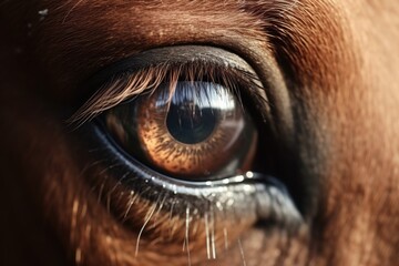 A detailed view of a brown horse's eye. This image can be used to depict the beauty and elegance of horses or to illustrate concepts related to animal anatomy and nature.