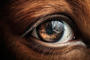A detailed close-up view of a brown horse's eye. This image can be used to depict the beauty and intensity of a horse's gaze.
