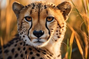 A close-up view of a cheetah in the tall grass. This image can be used to depict the beauty and power of wildlife in their natural habitat.