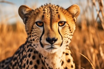 A detailed view of a cheetah in its natural habitat, hidden among the tall grass. This image can be used to depict the beauty and stealth of wildlife in the African savannah.