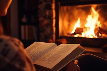 A person engrossed in reading a book while sitting in front of a cozy fireplace.  - obrazy, fototapety, plakaty