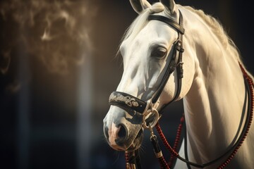 A picture of a white horse wearing a bridle. This image can be used for various purposes such as equestrian-related designs, farm-themed projects, or animal-themed advertisements. - obrazy, fototapety, plakaty
