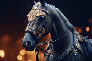 A detailed view of a horse wearing a bridle. Perfect for equestrian enthusiasts or horse-related projects. - obrazy, fototapety, plakaty