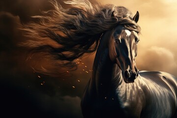 A picture of a horse with its hair blowing in the wind. Suitable for various applications.