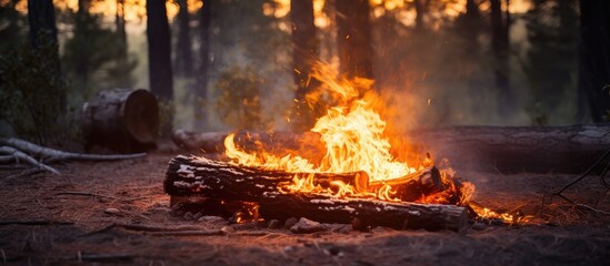 A log on fire in an Arizona forest. - obrazy, fototapety, plakaty