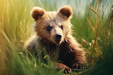 A brown bear is pictured sitting in tall grass. This image can be used to depict wildlife, nature, or animal conservation.