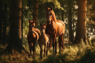 A heartwarming image capturing a mother horse and her adorable foal in a serene woodland setting. Perfect for nature lovers and equestrian enthusiasts.