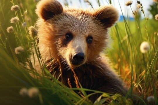A brown bear sitting in a field of tall grass. This picture can be used to depict wildlife, nature, or the beauty of the great outdoors.