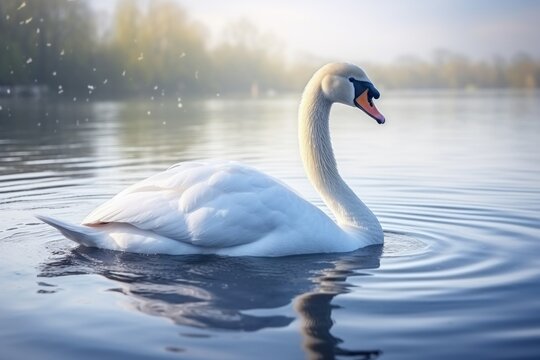 A beautiful white swan peacefully floating on top of a serene lake. This image can be used to represent tranquility and nature's beauty.