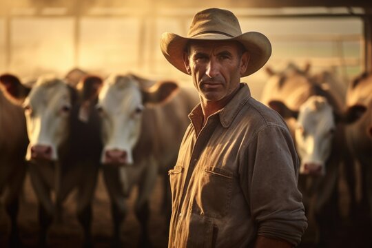 A man wearing a cowboy hat stands confidently in front of a herd of cows. This image can be used to depict a rancher or cowboy in a rural setting.