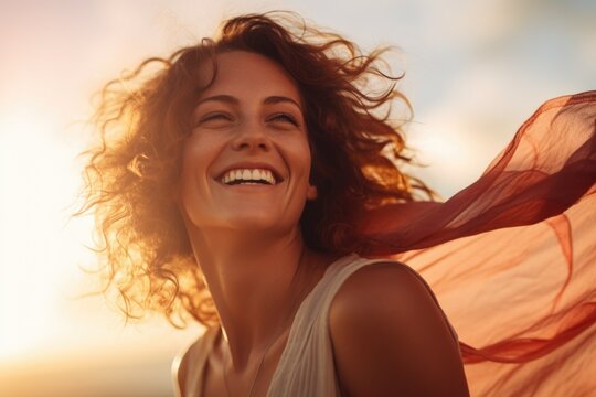 A picture of a woman with a radiant smile and her hair gracefully blowing in the wind. This image can be used to portray happiness, freedom, and confidence.
