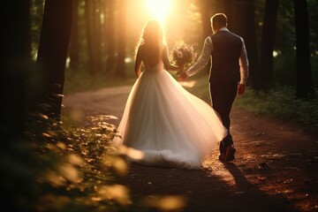 A bride and groom are pictured walking down a path in the woods. This image can be used for wedding-related projects or to depict a romantic stroll in a natural setting. - obrazy, fototapety, plakaty