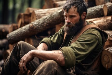 Fototapeta premium A bearded man sitting on a pile of logs. This image can be used to depict a rugged outdoorsman or a lumberjack in a natural setting.