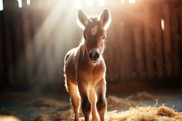 A small brown horse standing in a barn. Suitable for equestrian or farm-related projects. - obrazy, fototapety, plakaty