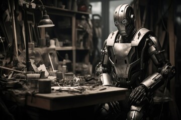 A robot sitting in a workshop surrounded by various tools. This image can be used to represent automation, technology, or the future of manufacturing. - Powered by Adobe