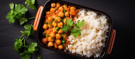 A lunchbox with rice and chickpeas.