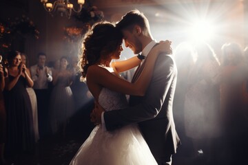 A picture capturing the special moment of a bride and groom dancing at their wedding reception. Perfect for wedding-related designs and celebrations. - obrazy, fototapety, plakaty