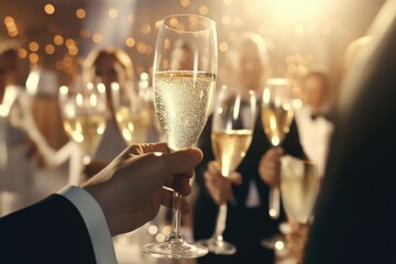 A person is seen holding a glass of champagne in front of a group of people. This image can be used to depict celebrations, parties, and social gatherings.