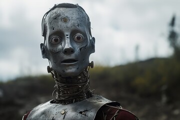 A detailed close-up of a person wearing a robot costume. This image can be used for various purposes, such as Halloween parties, science fiction events, or costume design references. - obrazy, fototapety, plakaty
