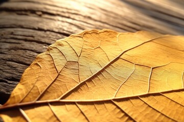A detailed close-up of a leaf resting on a piece of wood. This image can be used to depict nature, textures, or environmental themes.