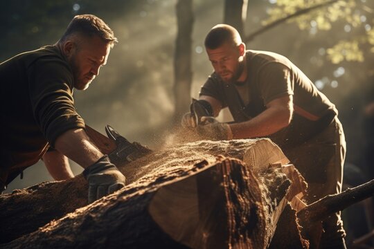 Two men are seen working on a piece of wood using a chainsaw. This image can be used to depict woodworking, craftsmanship, or construction activities.