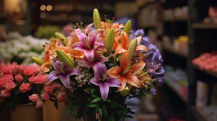 Bouquet of colorful lilies in flower shop,  Beautiful lily flowers. Springtime. mothers day.