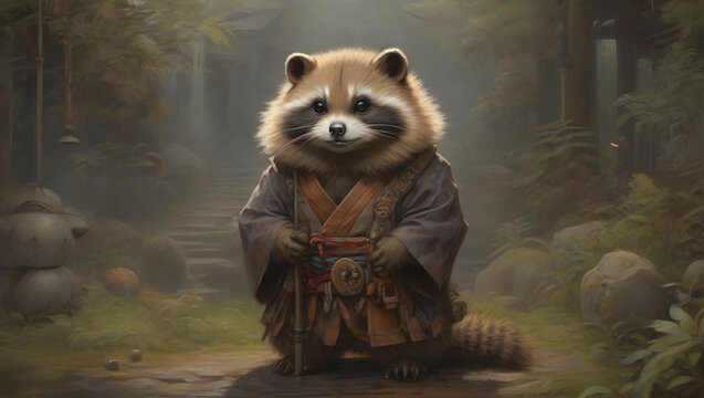 Japanese tanuki in national clothes in the forest among the trees, raccoon dog, forest spirits