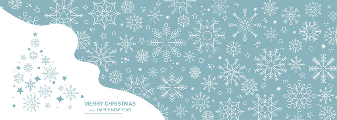 Winter background with snowflakes. Christmas tree. Christmas background for greeting card. New year and Christmas greeting card. Blue background. Vector illustration