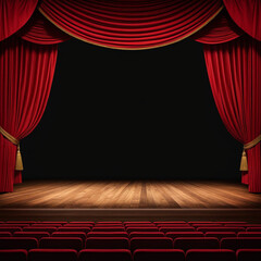 Stage red curtains, an empty stage with a wooden floor 