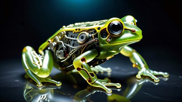 Cette grenouille robotique, aux yeux lumineux et envo&ucirc;tant, incarne la fusion parfaite entre l'amphibien sauvage et la sophistication m&eacute;canique dans un monde futuriste.