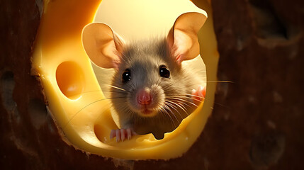 Cute mouse peeking through hole in cheese 