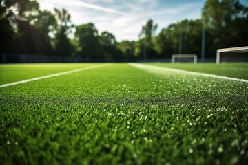 Football soccer field with artificial turf, goal net shadow, green synthetic grass - obrazy, fototapety, plakaty