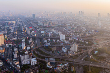 Fototapeta na wymiar Morning sunrise over Bangkok city in Ratchaprasong district in 2012 Bangkok city, Thailand