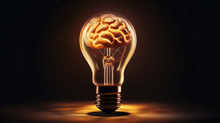 Brain glowing in light bulb on dark background